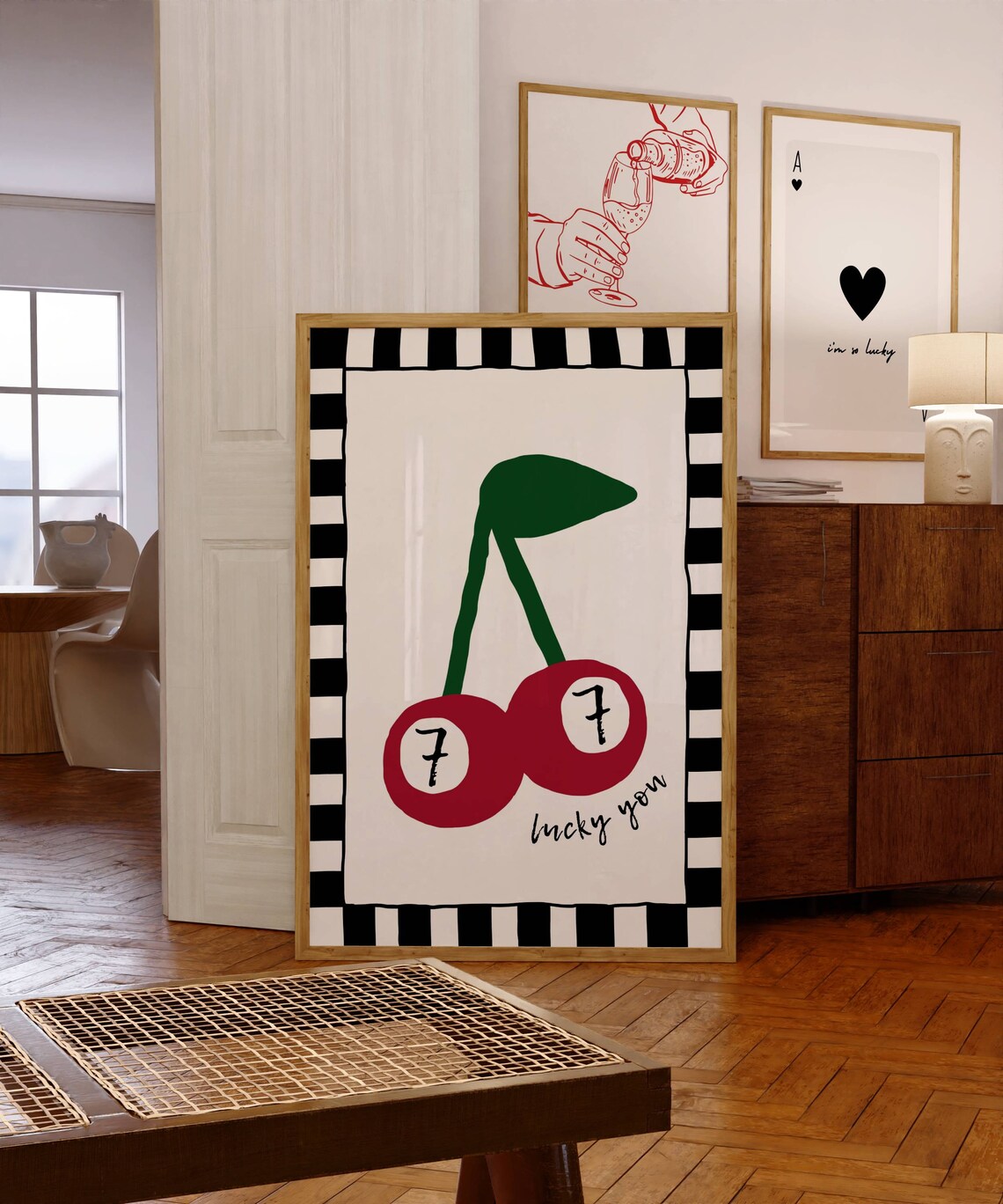 Lucky Cherries Sevens Checkerboard Retro Bar Cart Art Print Kitchen