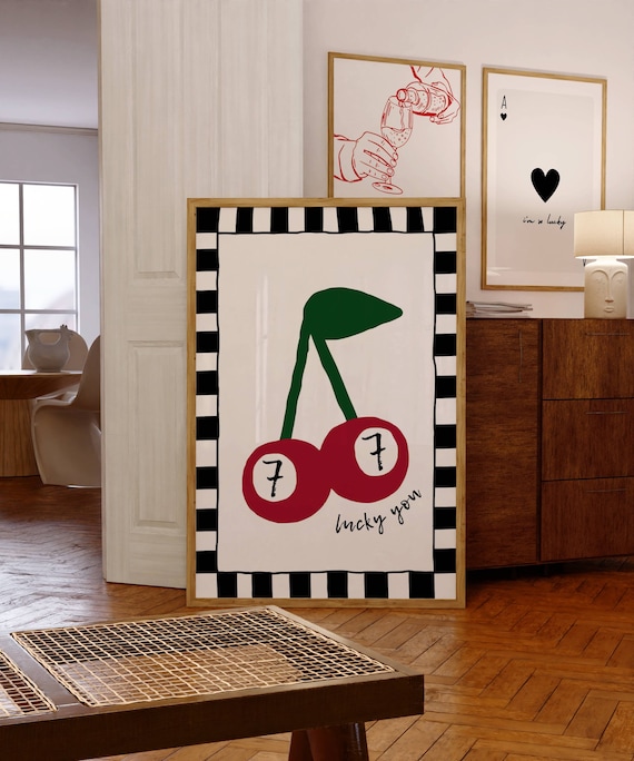 Feeling Lucky 7 Ball Art Poster You Print 70s Wall Retro Bar Cart Red Billiards Cherry
