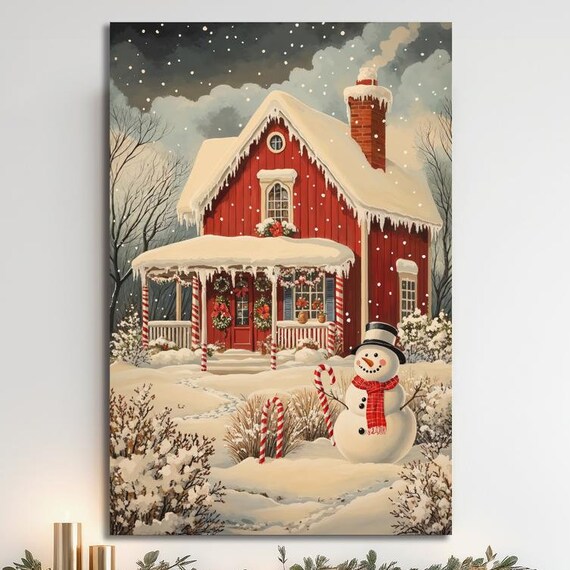 Red Snowy Cottage With Snowman Winter Christmas Canvas Wall Art