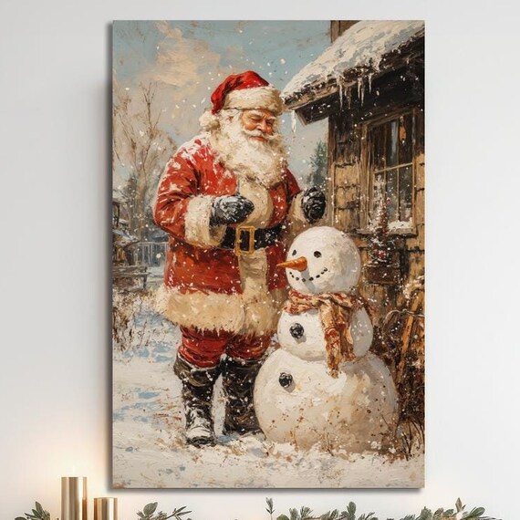 Santa Claus Building a Snowman Beside a Rustic Cabin Christmas Poster