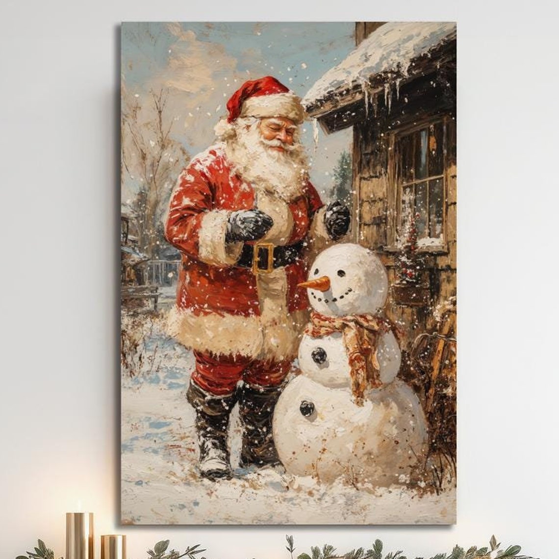 Santa Claus Building a Snowman Beside a Rustic Cabin Christmas Poster