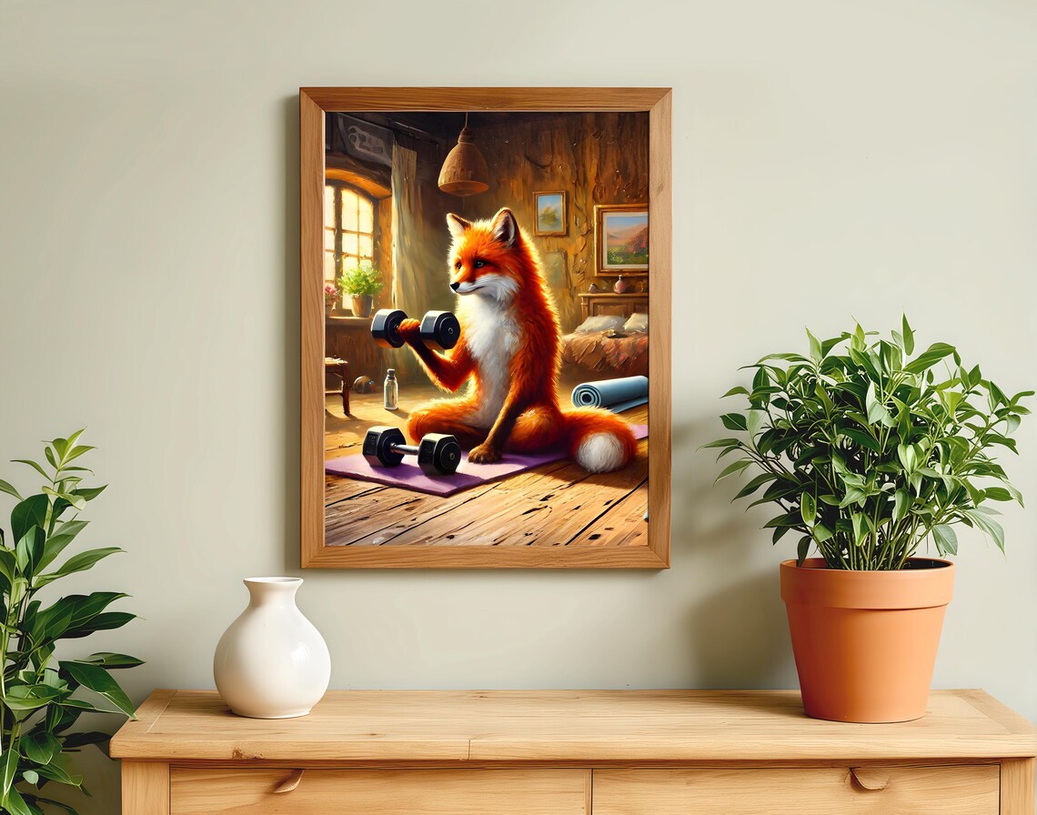 Fox Lifting Dumbbells Animal Life Poster