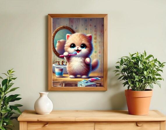 Kitten Brushing Teeth in Bathroom Mirror Cute Nursery Room Poster