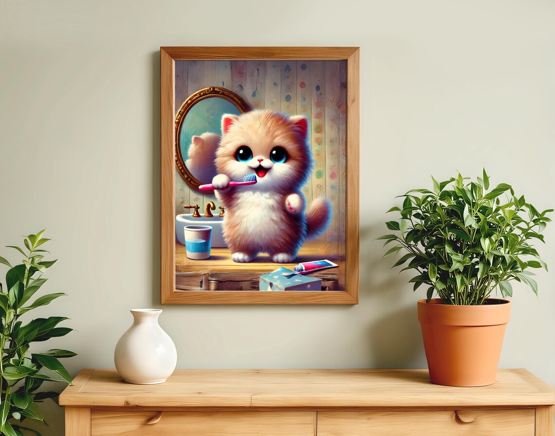 Kitten Brushing Teeth in Bathroom Mirror Cute Nursery Room Poster