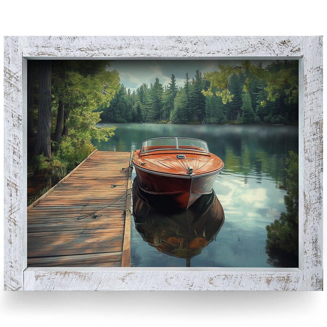 Classic Wooden Boat Docked on Still Lake Landscape Wall Art Decor