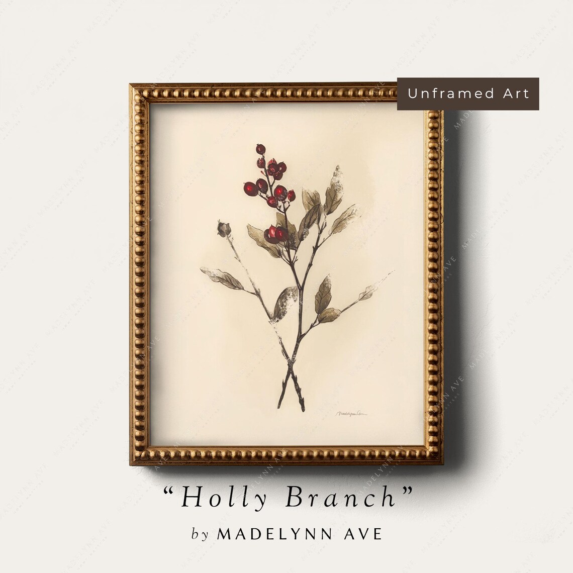 Holly Branch Art Print, Vintage Christmas Botanical