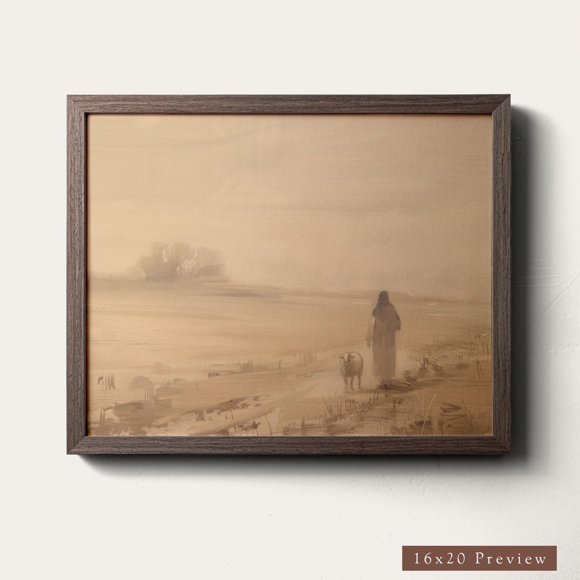 Jesus With Lost Sheep Warm Beige Field Faith Fine Art Poster - Image 4