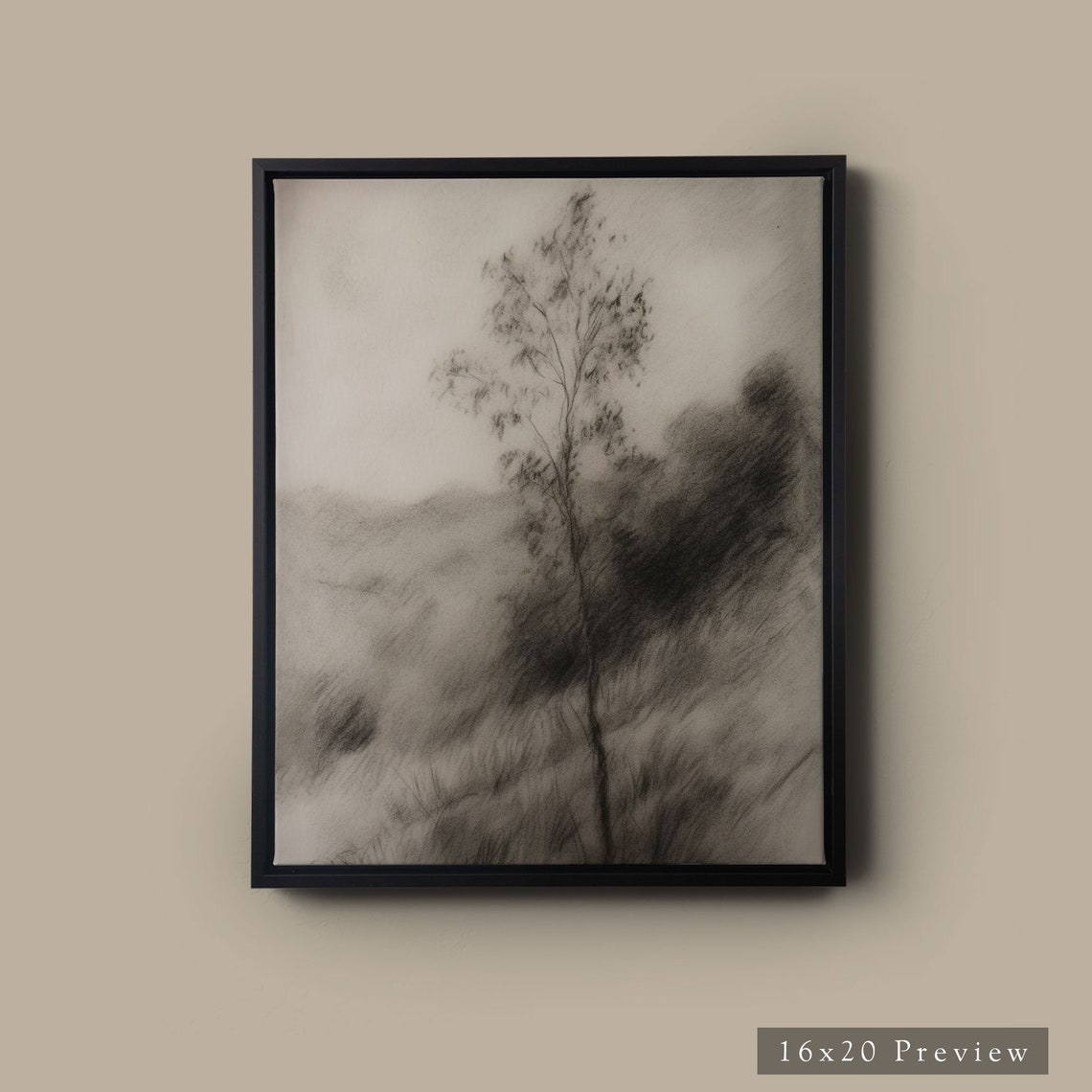 Hillside Sketch Solitary Tree Charcoal Deckled Edge Art Poster - Image 3