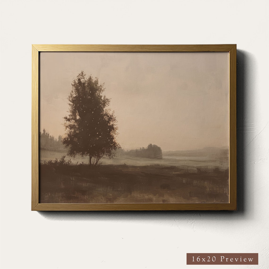 Lone Tree Misty Field Soft Sepia Landscape Vintage Art Poster - Image 4