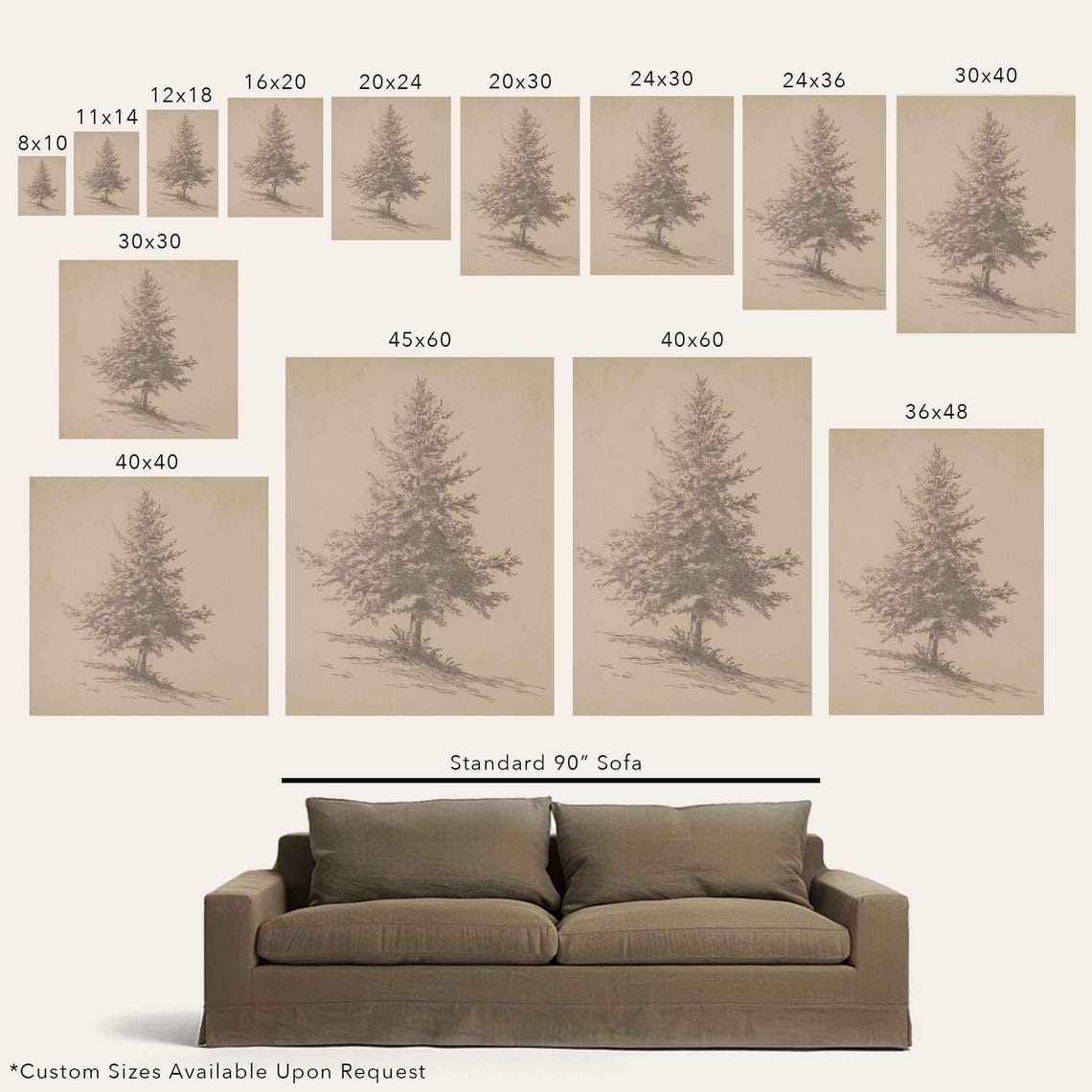 Vintage Style Pine Tree Gicle Art Print Framed Vertical Neutral Christmas Wall Art Subtle Moody Antiqued Winter Holiday Decor - Image 2