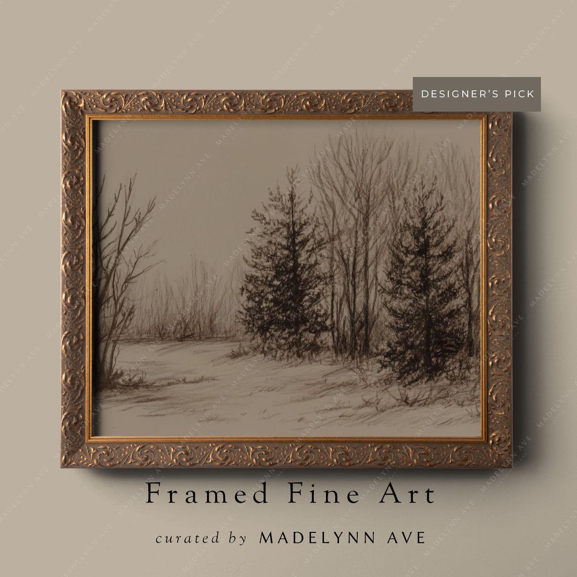 Vintage Winter Pine Forest Sketch Sepia Toned Neutral Poster
