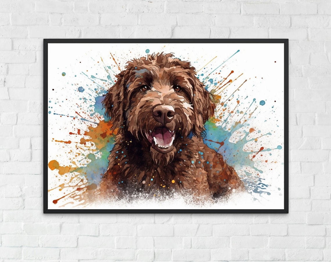 Chocolate Doodle Dog Watercolor Portrait Happy Puppy Splash Art Poster