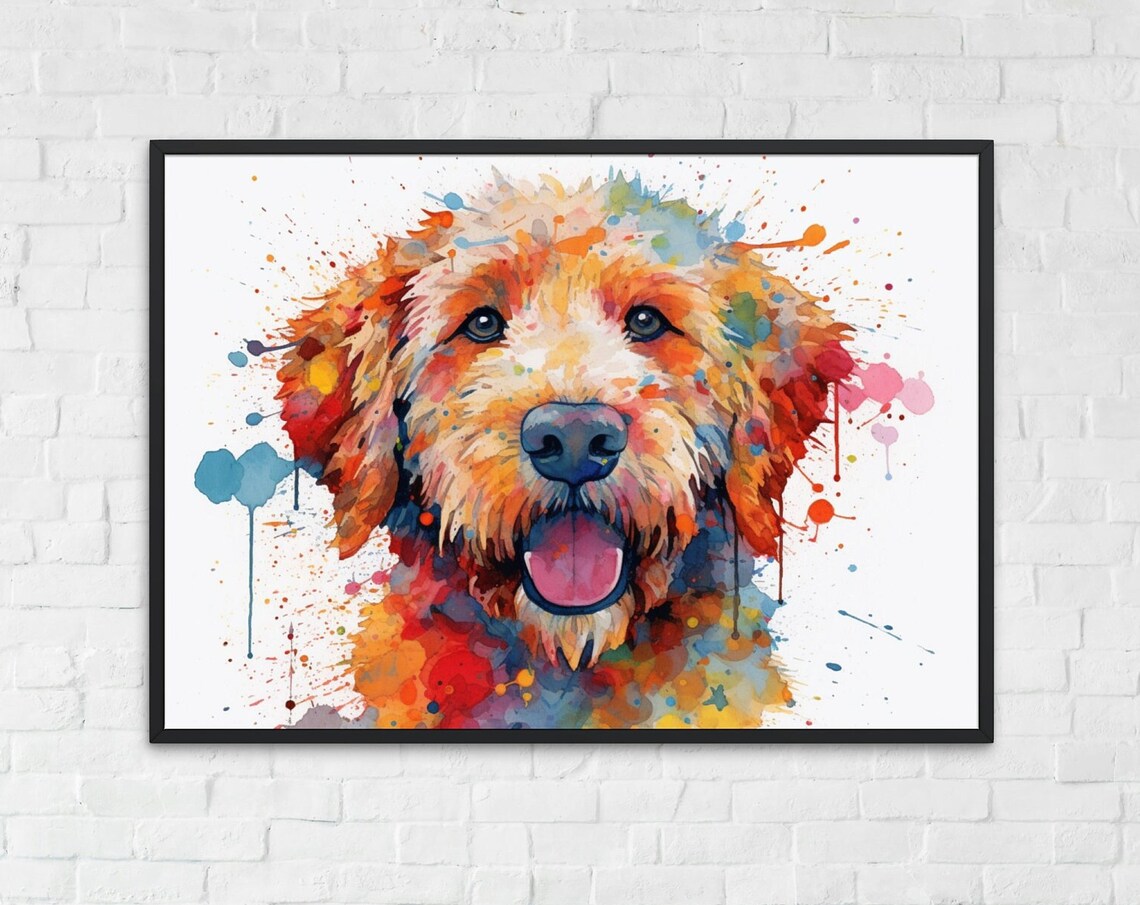 Golden Doodle Puppy Watercolor Portrait Splash Colorful Dog Art Poster