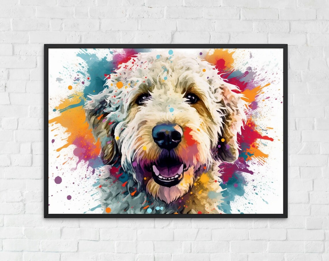 Cream Doodle Dog Portrait With Vivid Colorful Paint Splash Art Poster