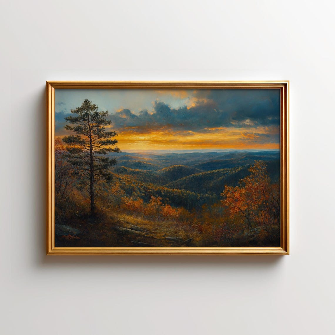 Autumn Hills Sunset Oil Painting Golden Mountain Valley Poster