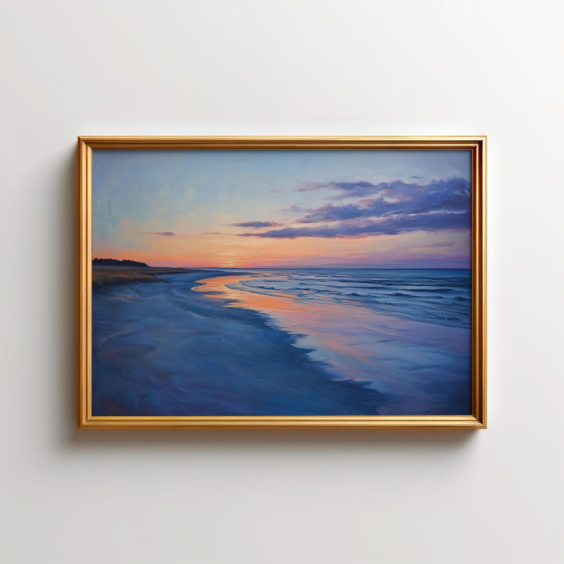 Sunset Beach Golden Reflection Wet Sand Ocean Waves Art Poster