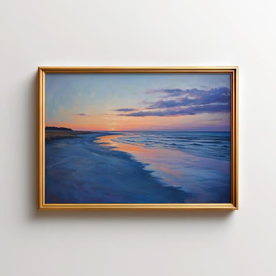 Sunset Beach Golden Reflection Wet Sand Ocean Waves Art Poster