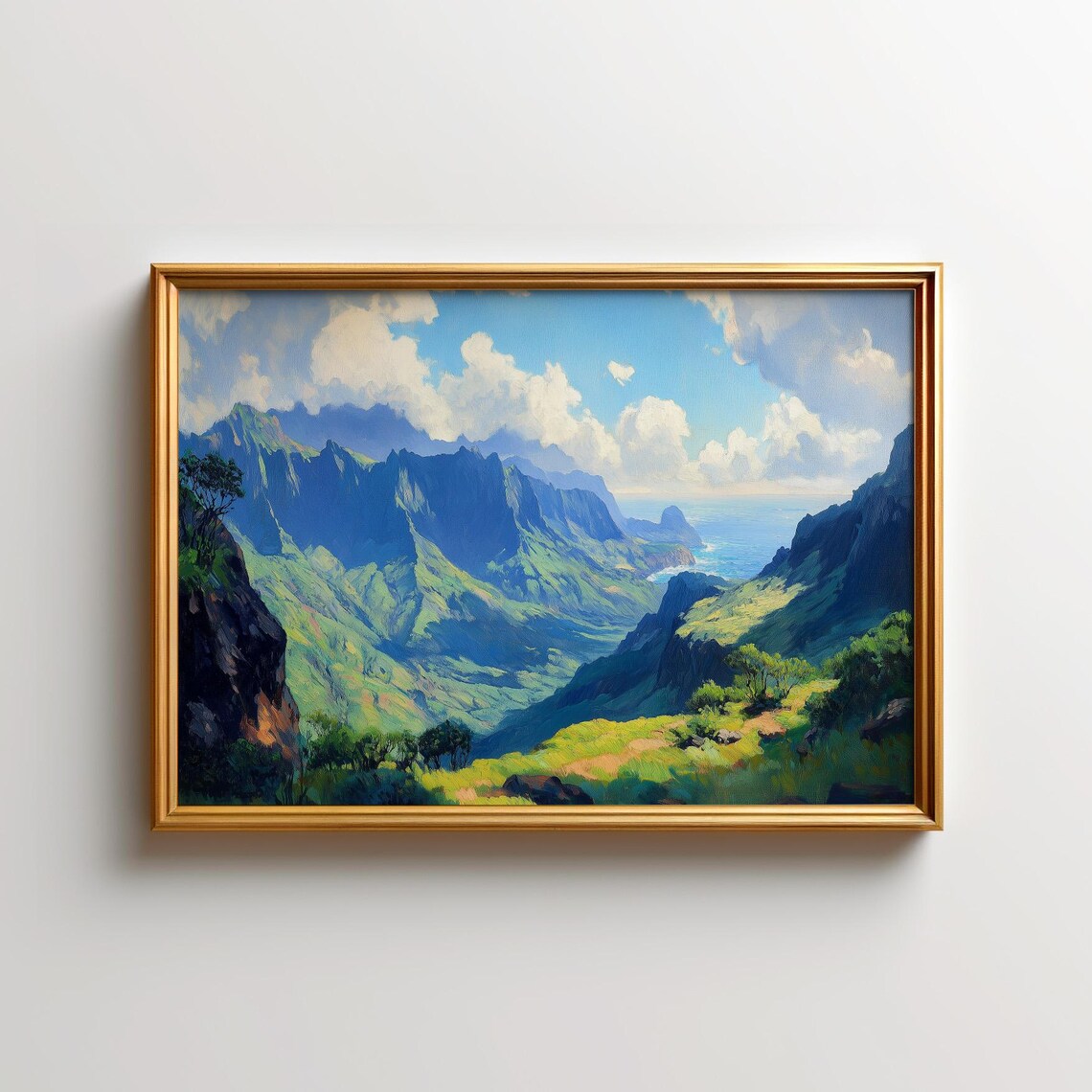 Lush Green Mountain Valley Tropical Coast Landscape Painting Poster