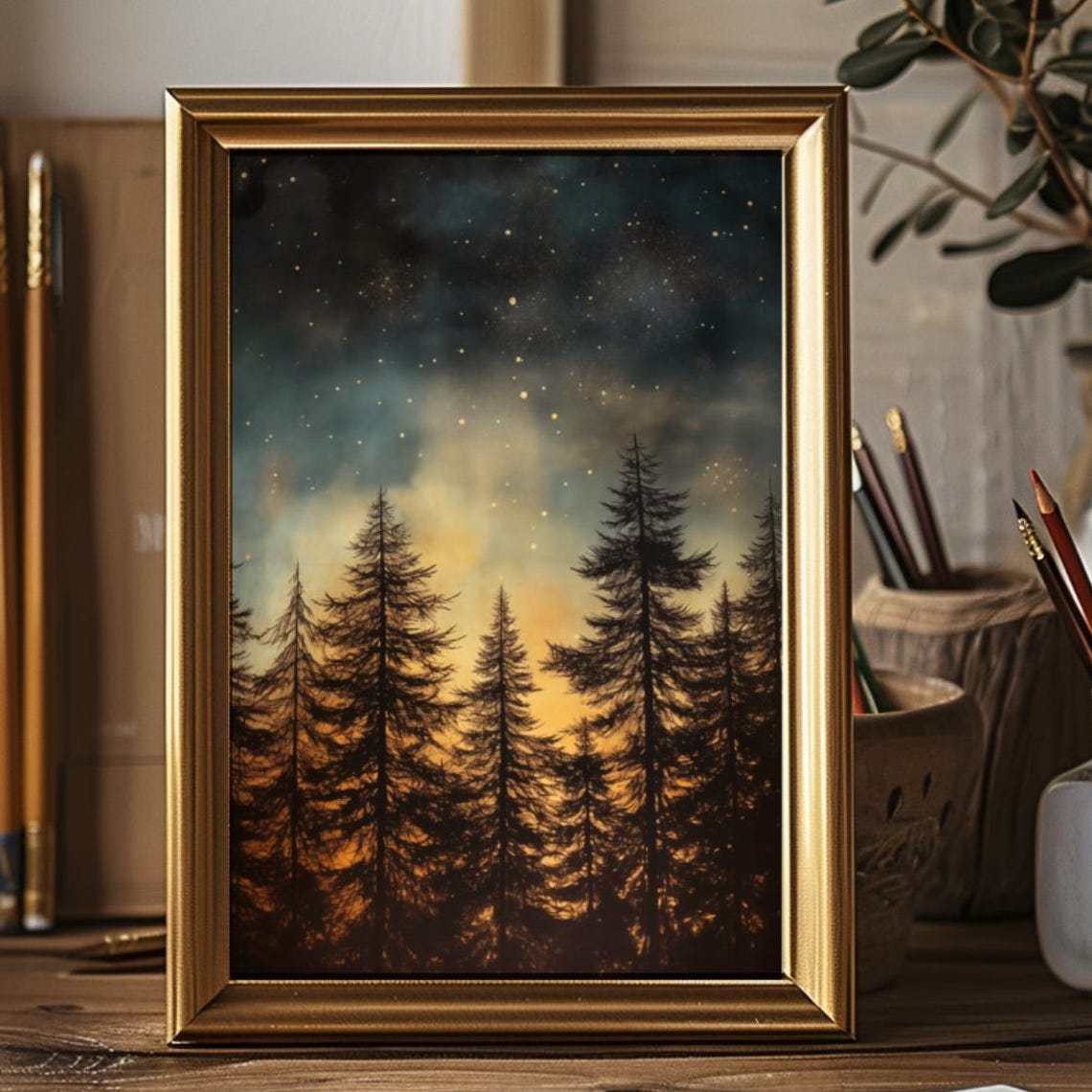 Night Sky Forest, Moody Vintage Cabin Travel Poster - Image 2