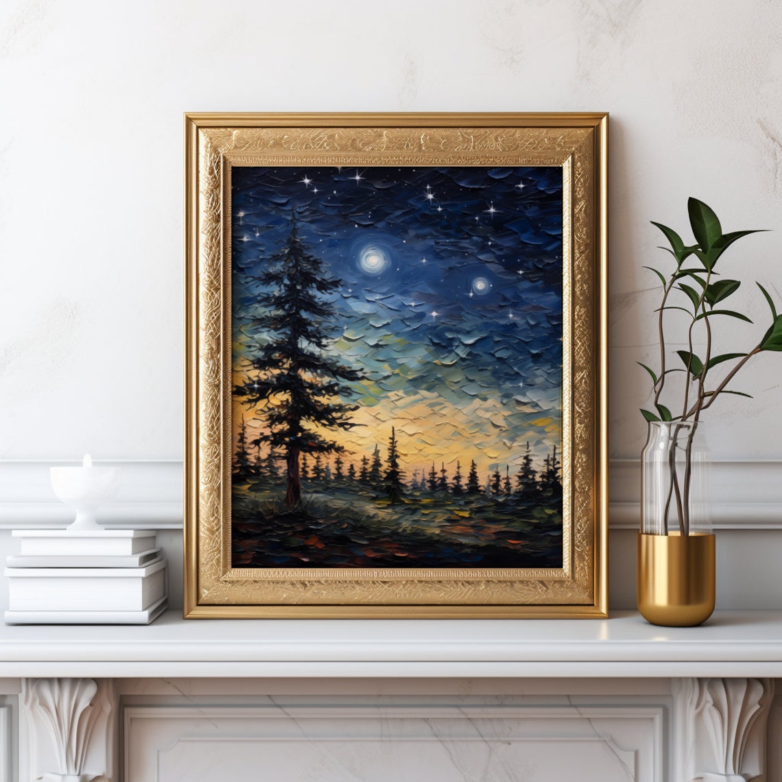 Square Night Sky Forest Print Starry Night Sky Painting Evening Pine Tree Wall Art Rustic Cabin Decor Mountain Rental Artwork - Image 2