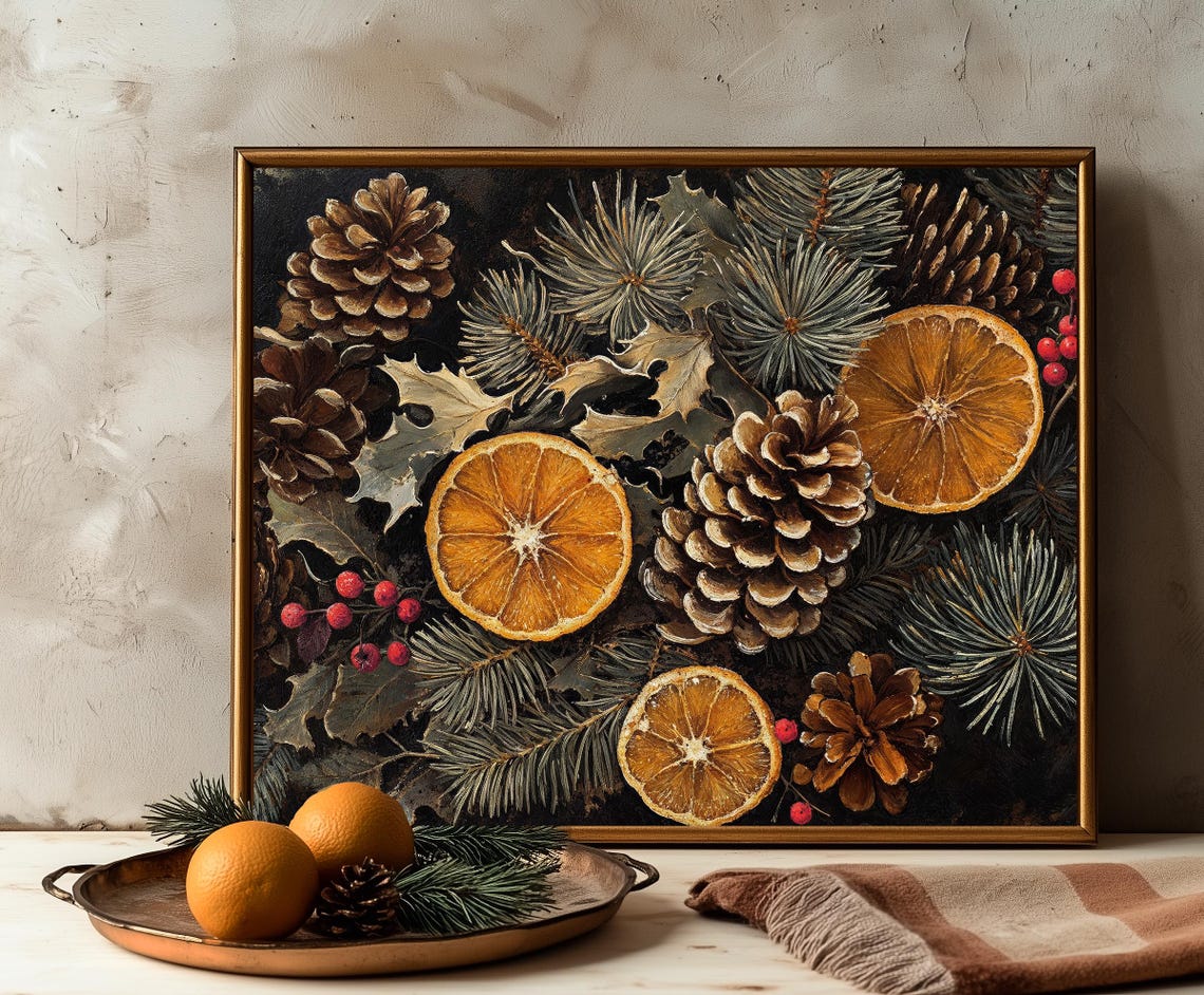 Vintage Dried Orange Pine Cone Botanical Dark Christmas Art Poster - Image 3