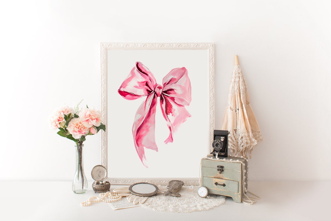 Pink Bow Watercolor Painting Balletcore Aesthetic Girls Room Poster - Image 2