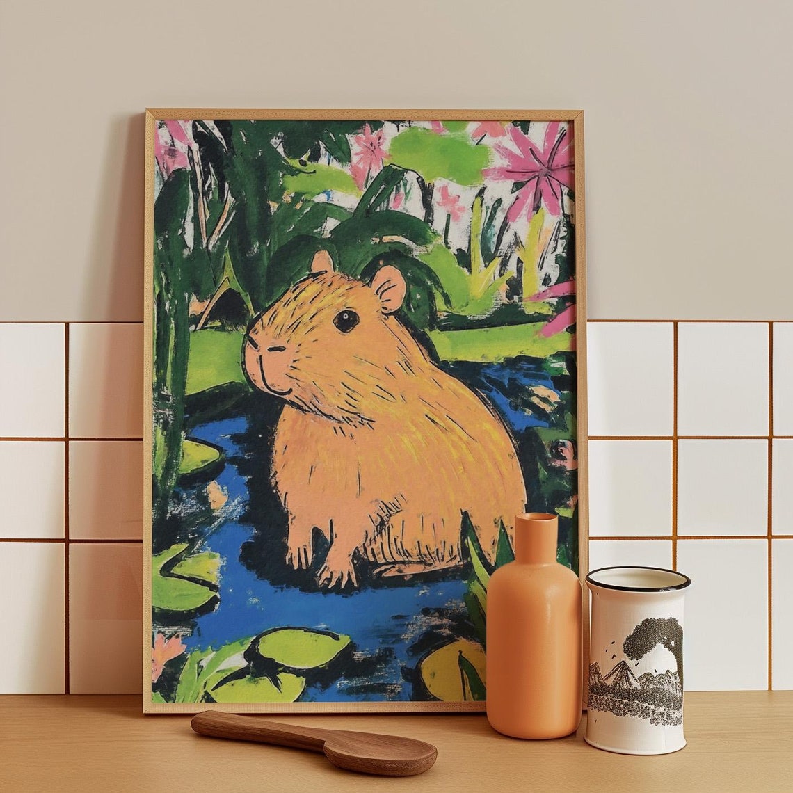Whimsical Capybara Poster Cute Animal Wall Art Colorful Jungle Pond Scene Playful Capybara Illustration Kids Room Decor Nature Art
