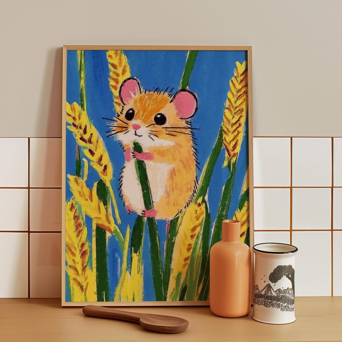 Golden Hamster Climbing a Wheat Stem in a Sunny Blue Field Poster