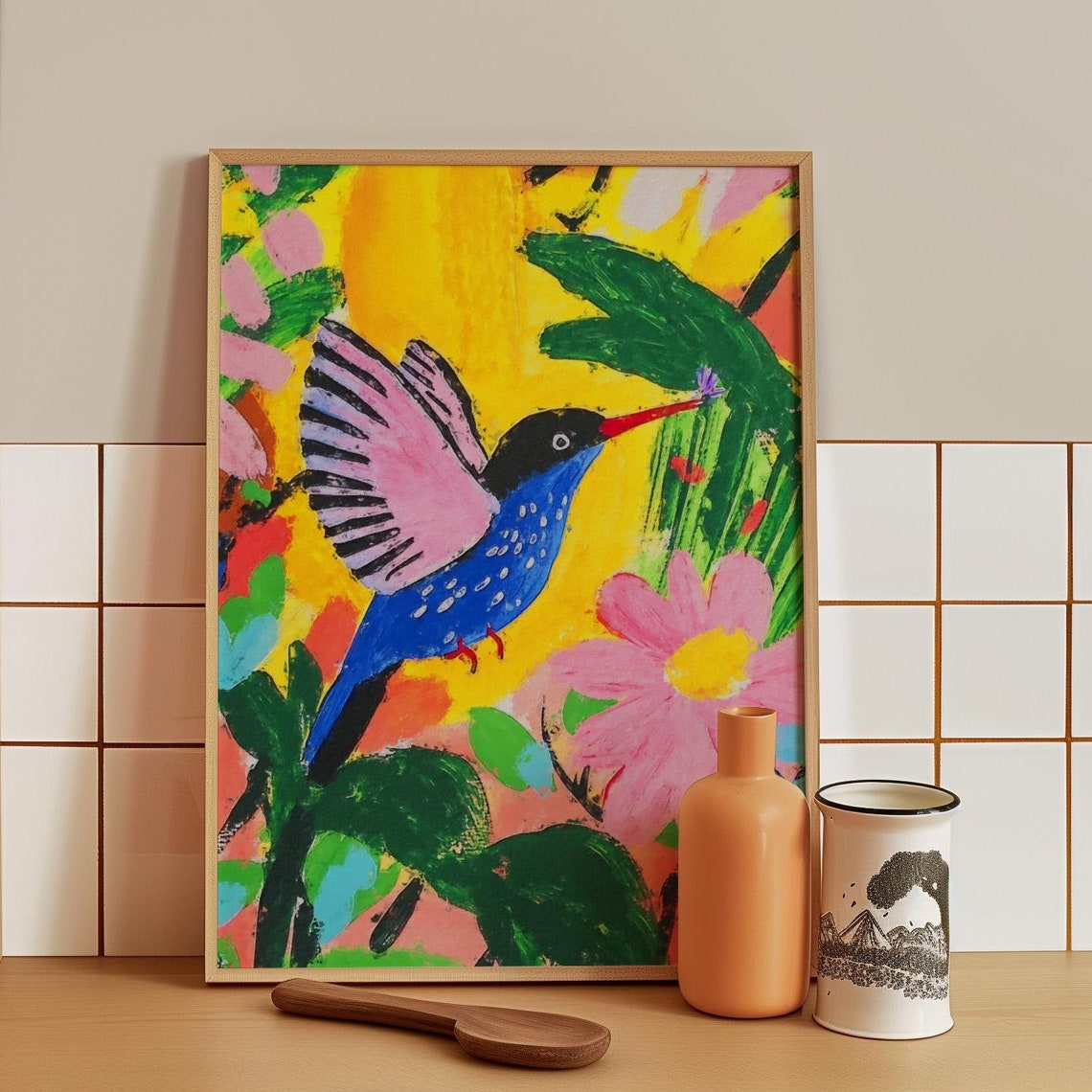 Vibrant Blue Hummingbird With Pink Wings Among Tropical Flowers Poster