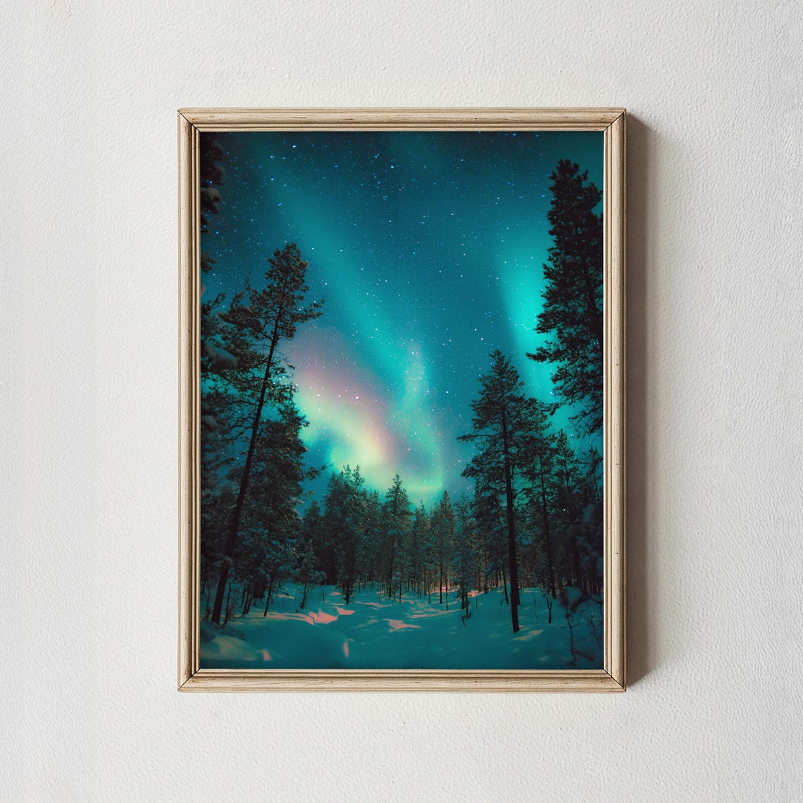 Aurora Borealis Teal Night Sky Snowy Forest Winter Photography Print