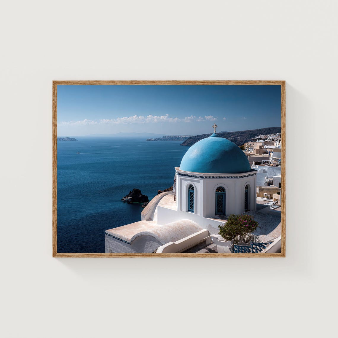 Santorini Greece Blue Dome Church Caldera Aegean Sea View Photo Poster