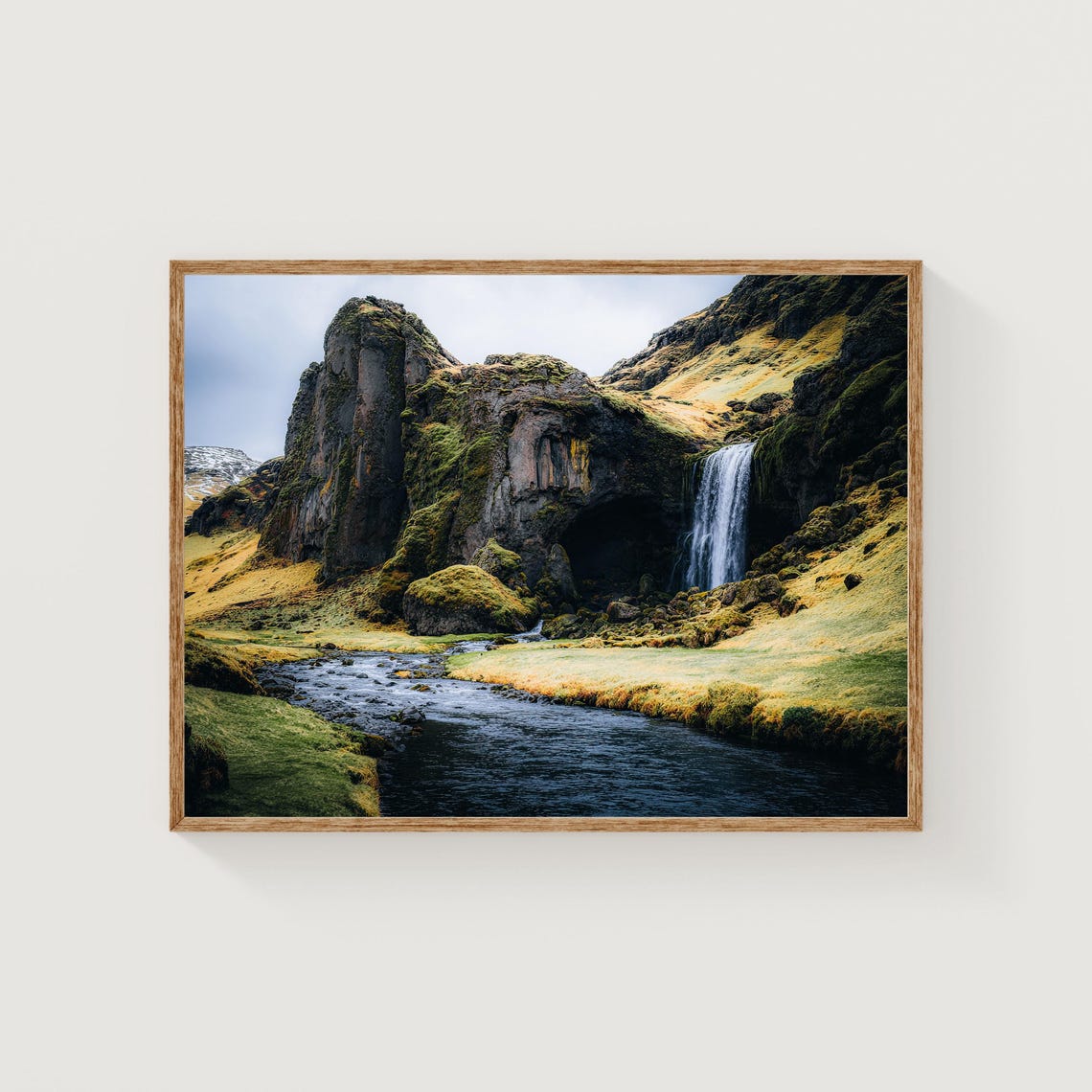 Iceland Waterfall Basalt Cave Mossy Cliffs Stream Photography Poster