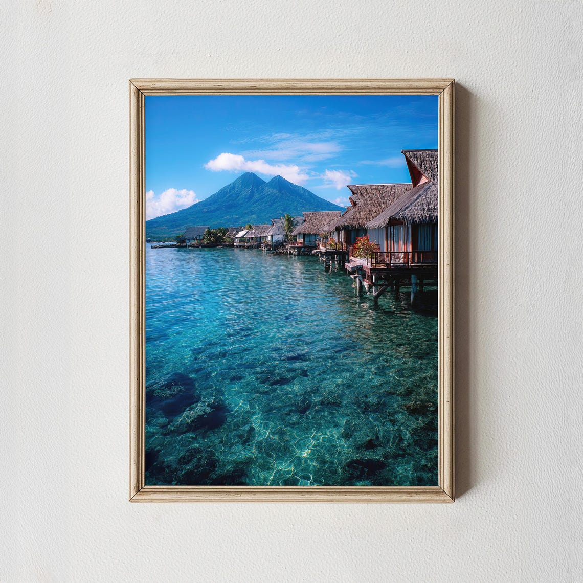 Tropical Overwater Bungalow Volcano Island Turquoise Sea Poster
