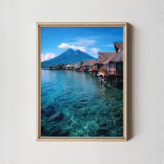 Tropical Overwater Bungalow Print Volcano Island Seascape Photography