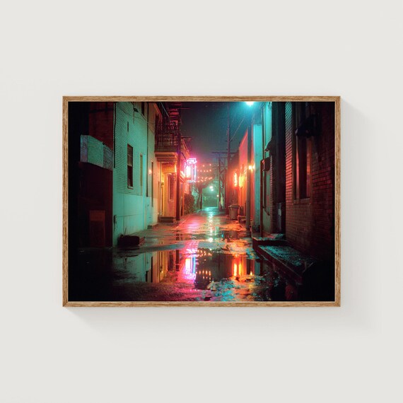 Neon Alley at Night Rain Reflections Cinematic 35mm Film Poster