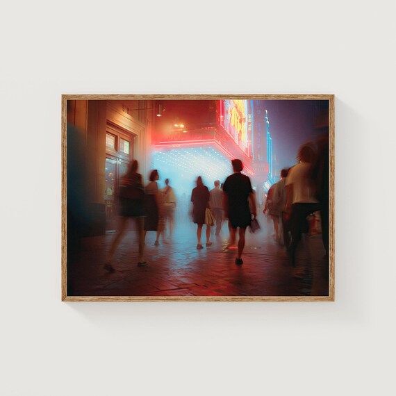 Neon City Street at Night Blurred Crowd Cinematic Photo Poster