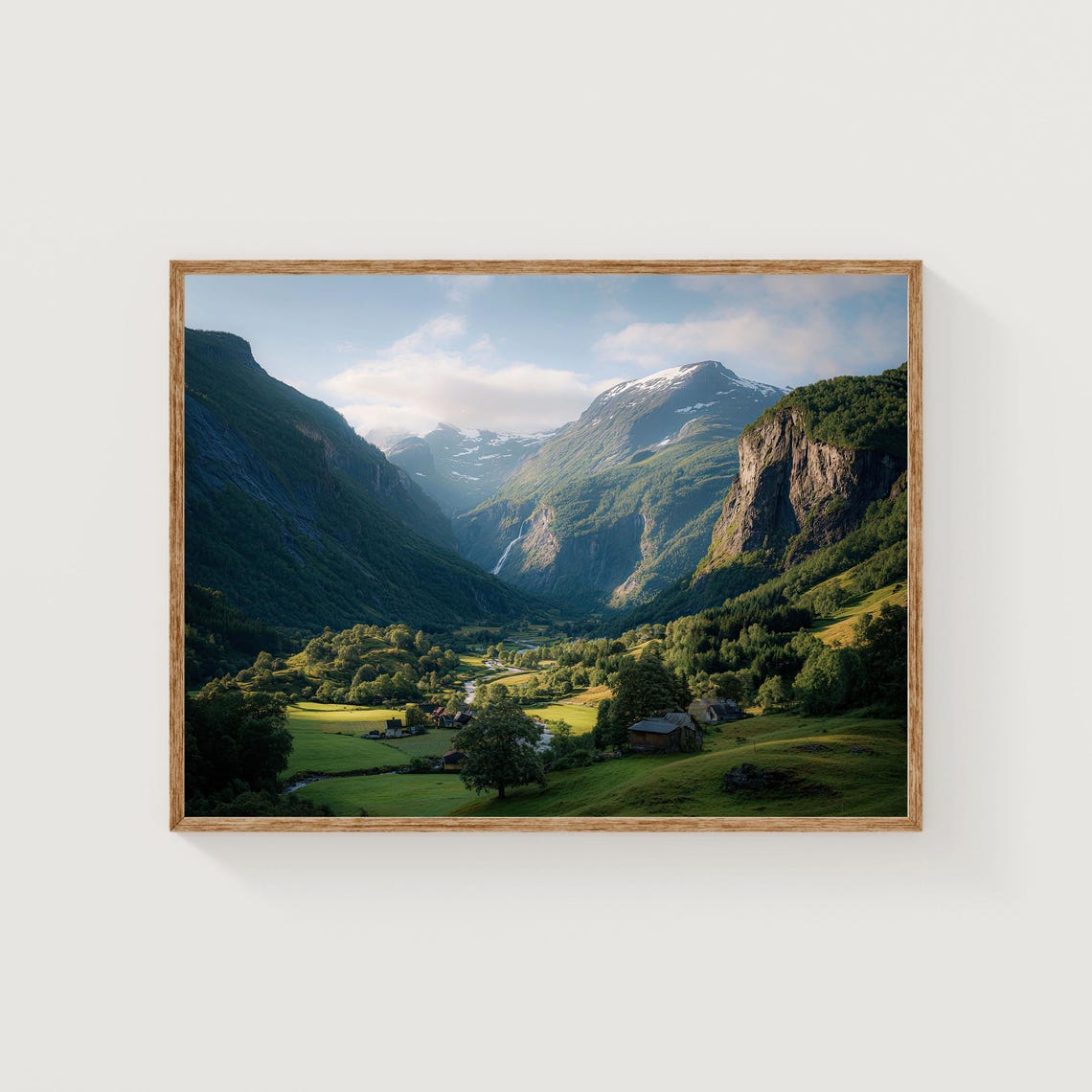 Lush Green Valley Waterfall Mountain Cabins Summer Landscape Poster