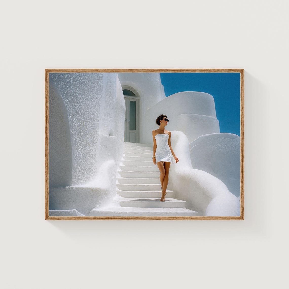 Woman in White Dress on Santorini Steps Greek Island Travel Poster