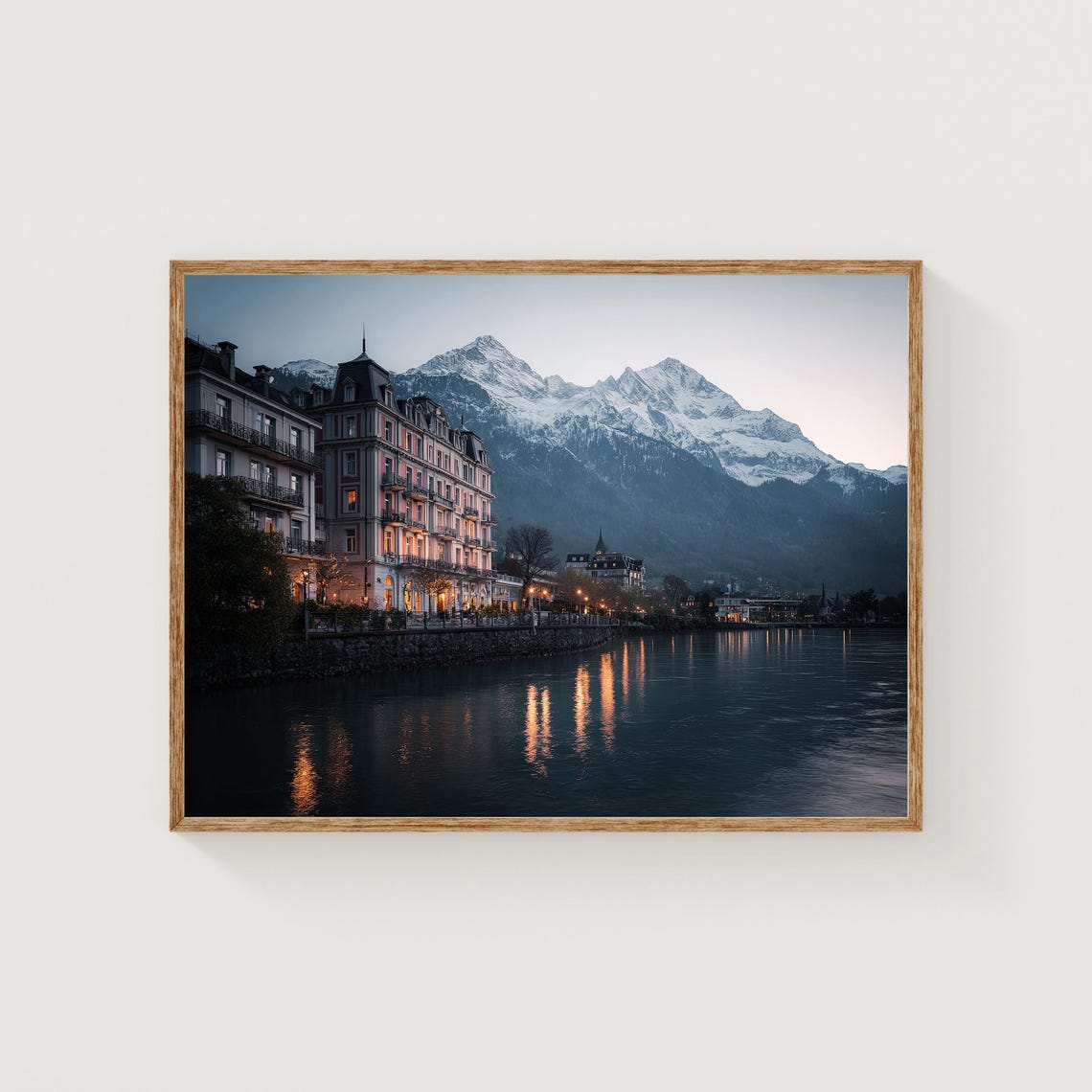 Interlaken Lakefront Hotel Dusk Snowy Peaks Switzerland Poster