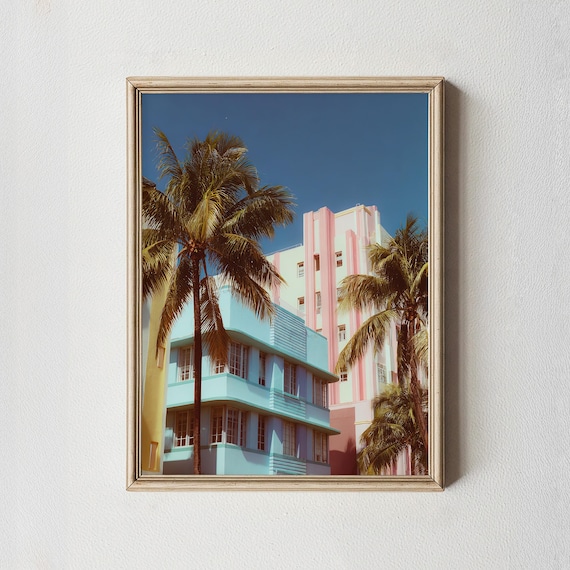 Miami Beach Art Deco Pastel Hotels with Palm Trees Photo Poster