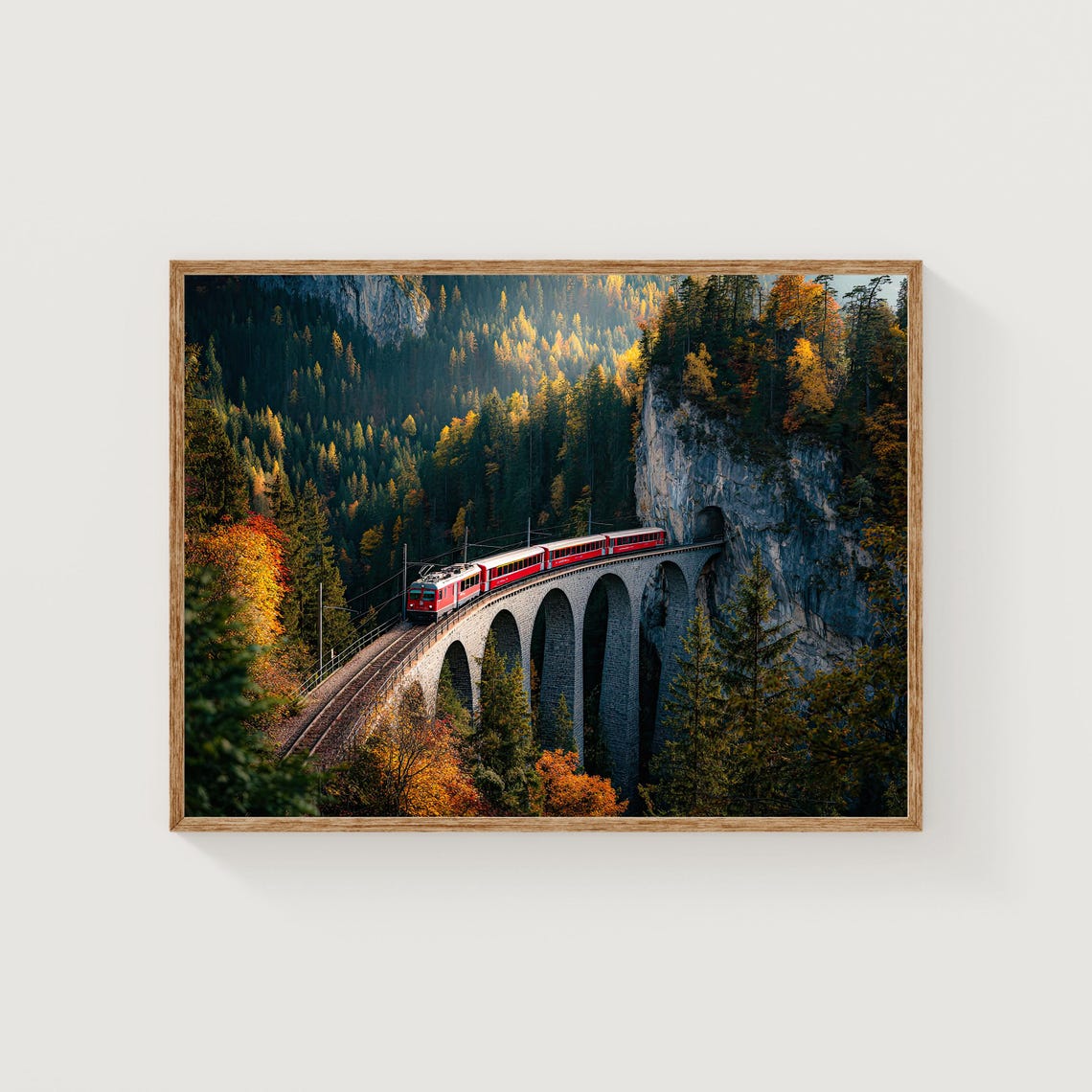 Bernina Express Red Train Stone Viaduct Autumn Mountain Poster