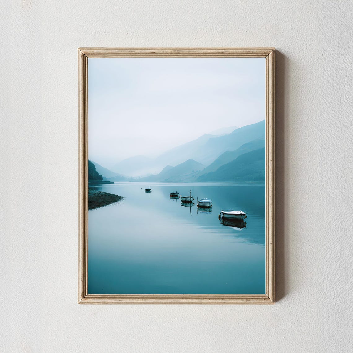 Misty Blue Lake Boats Calm Mountain Morning Landscape Poster