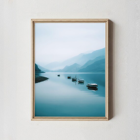 Misty Blue Lake Boats Calm Mountain Morning Landscape Poster
