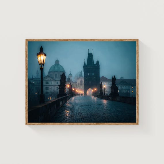 Prague Charles Bridge Print Morning Fog Cityscape European Travel Photography