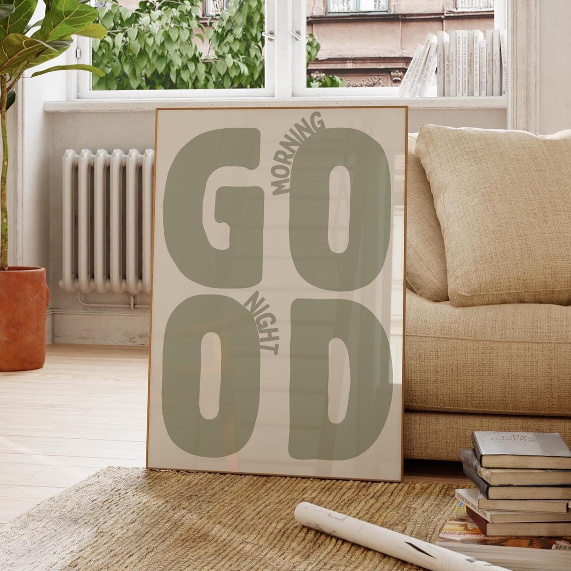 Good Morning Good Night Playful Sage Green Typography Art Poster