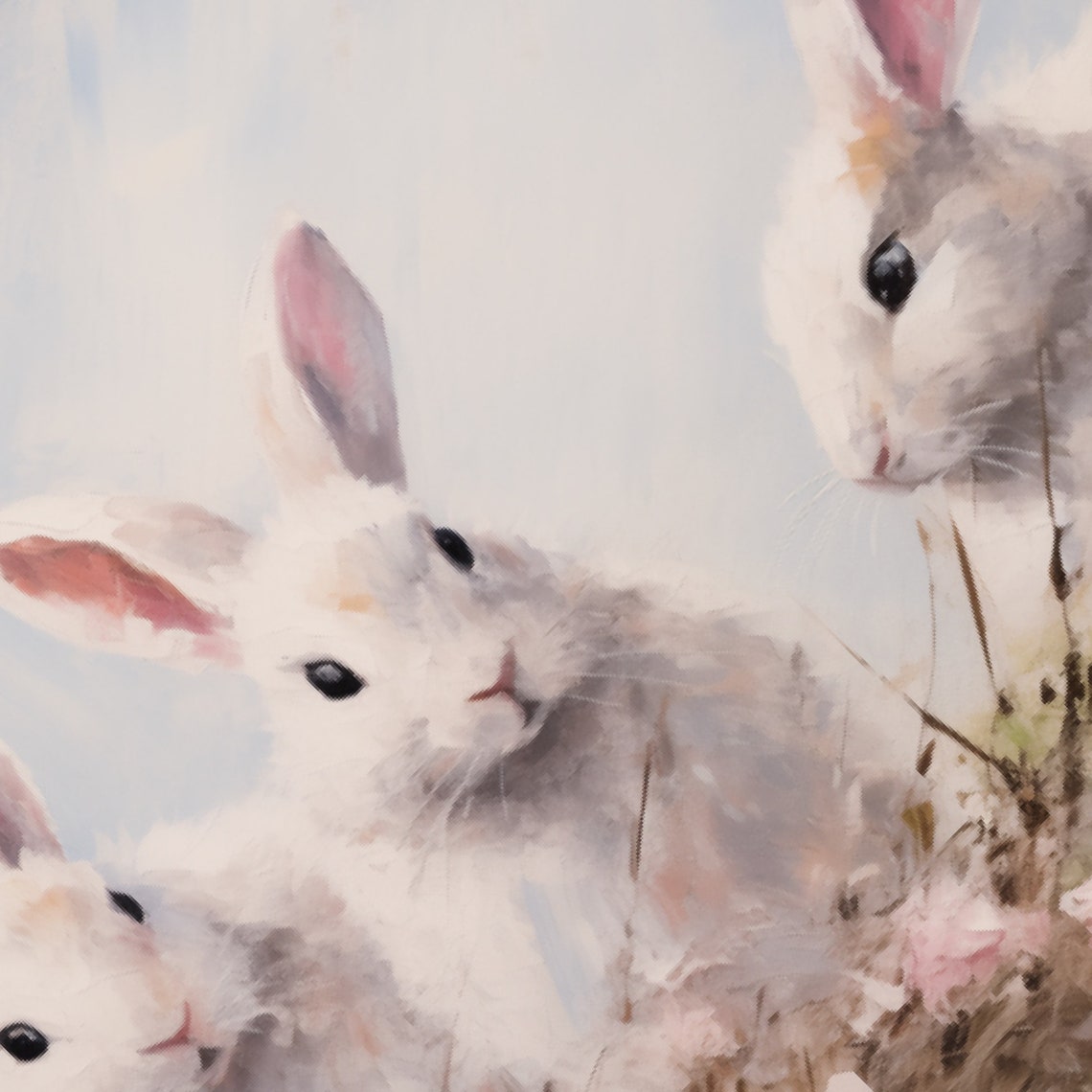 Three White Bunnies in a Spring Meadow Soft Watercolor Poster - Image 5