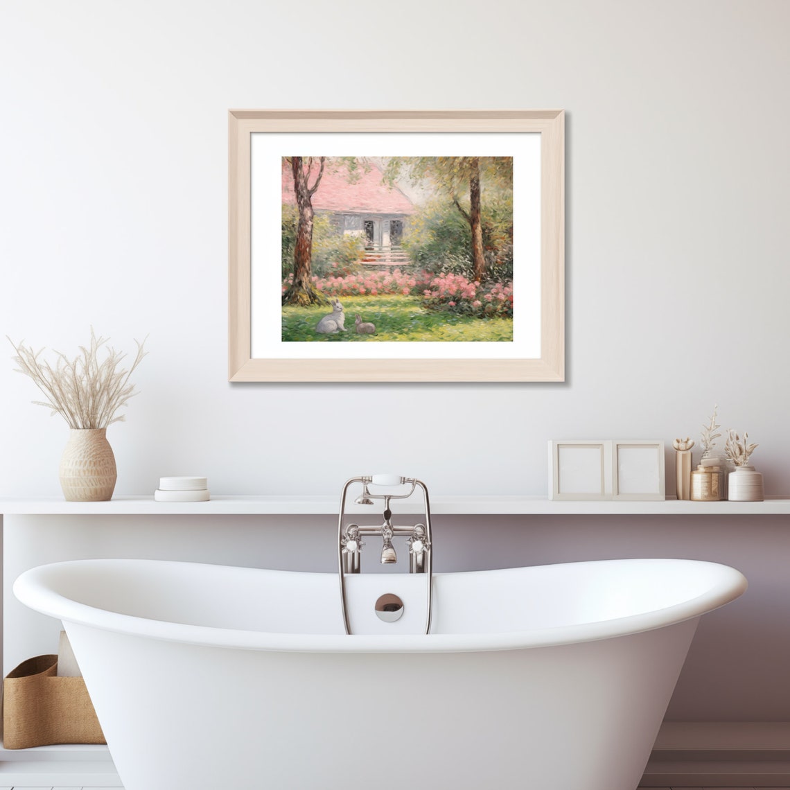 Two Rabbits In A Spring Backyard With Pink Blossom Bushes Poster - Image 3