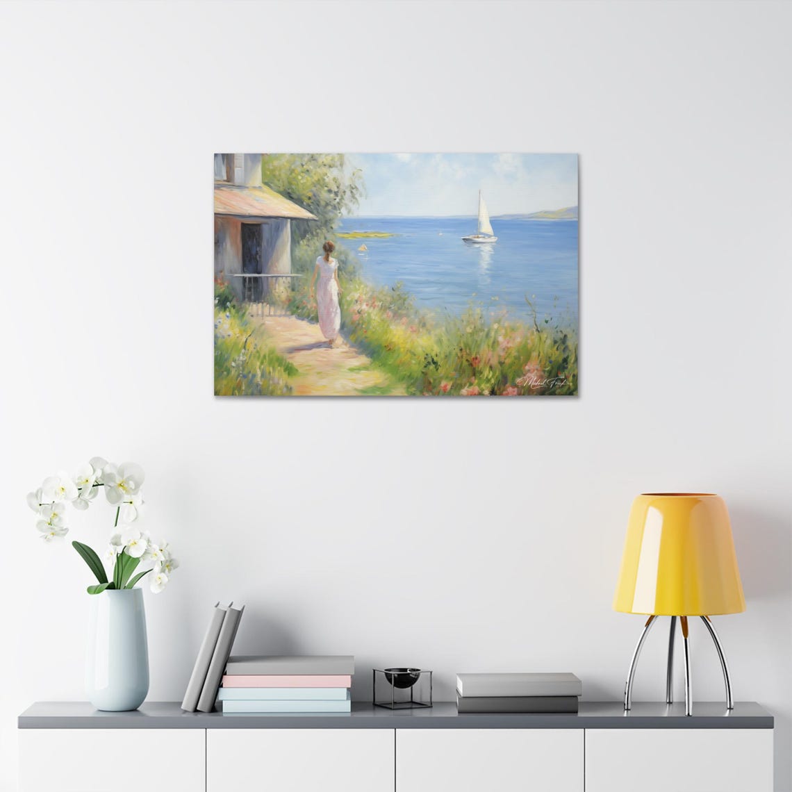 Woman Strolling Toward The Sea With Sailboat Coastal Wall Art - Image 7