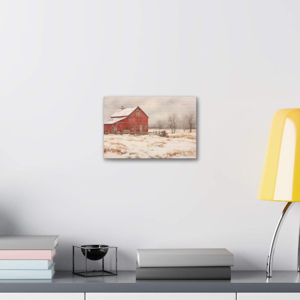 Red Barn in Falling Snow Winter Farmhouse Scene Painting Poster - Image 6