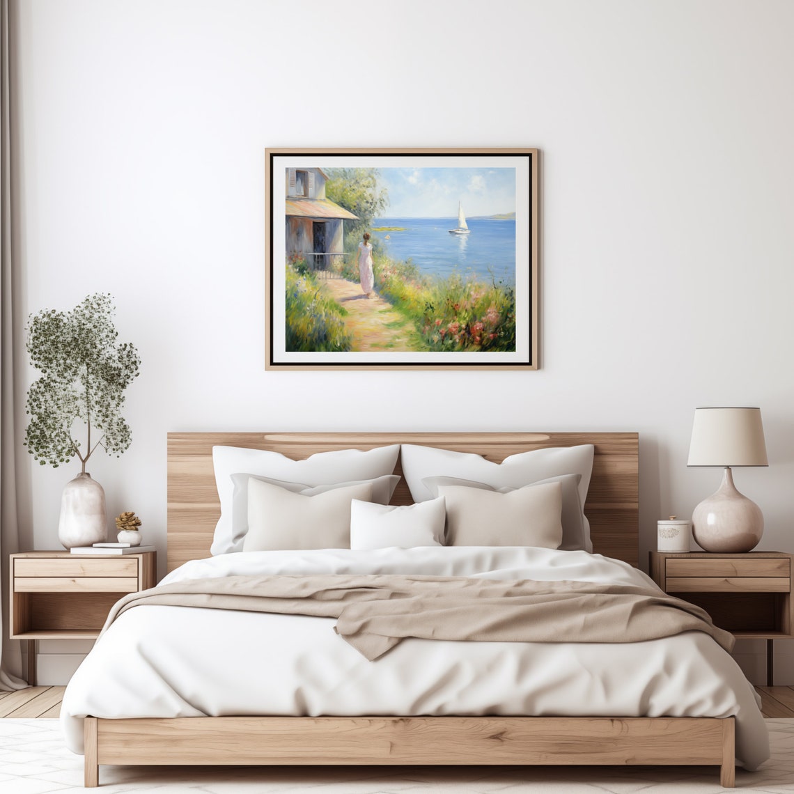 Woman Looking At Lake With Sailboat On A Sunny Summer Day Vintage Inspired Landscape Print - Image 3